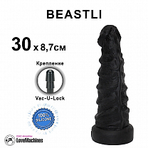 Фантазийный ребристый фаллоимитатор BEASTLI 30 см, черный силикон, диаметр 8,7 см, Vac-U-Lock